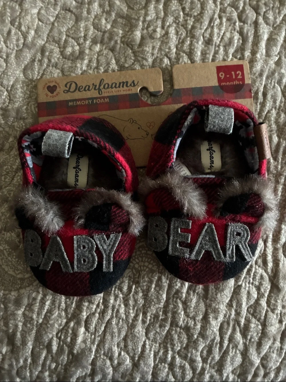 Dearfoams Red & Black Plaid 'BABY BEAR' Kids Slippers
